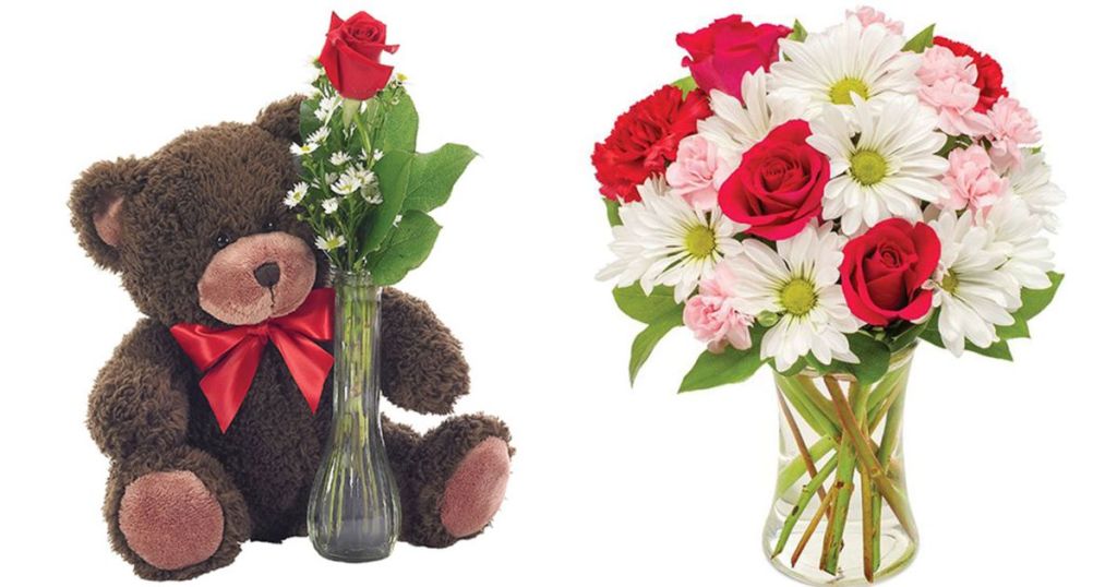 brown teddy bear with a single rose bud in clear vase and vase with red roses, pink carnations and daisies