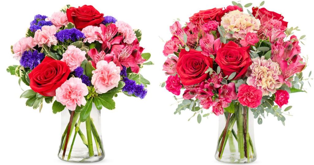 Valentine's Day Floral Bouquets, one with pinks, blues and red flowers and the other pink and red flowers - both in clear glass vases