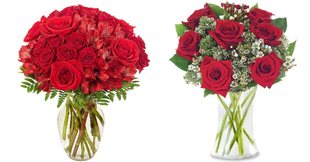 Valentine's Day Roses Bouquets in clear glass vases