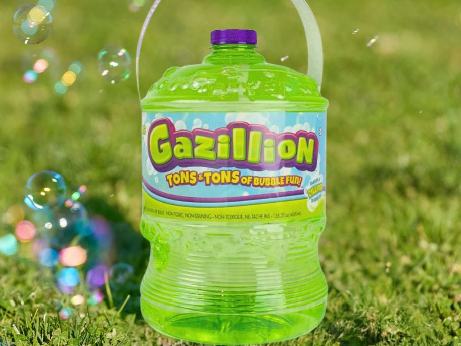 bottle of gazillion bubbles on grass