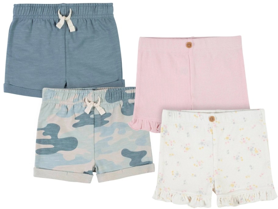 baby boys blue and camo blue shorts and baby girl's pink and white floral shorts