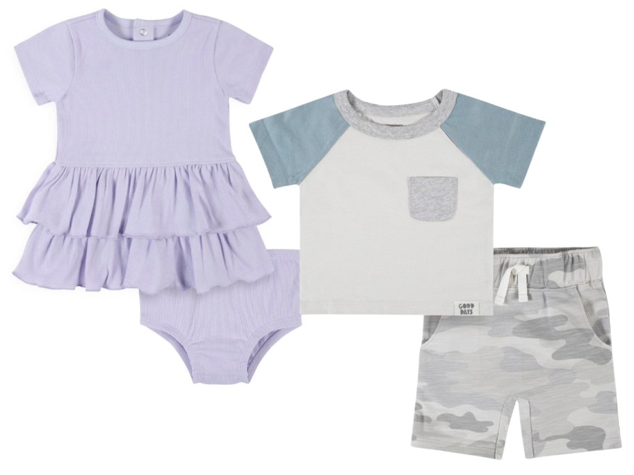 baby girl's lavender purple ruffle dress and diaper cover next to a boy's 2 piece top and short set in white and blue camo