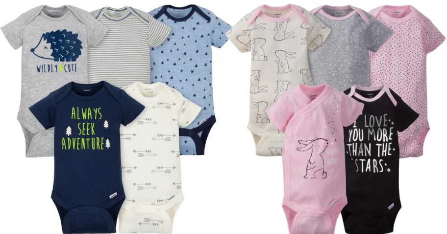 baby boys and girl's 5 pack body suits in various designs
