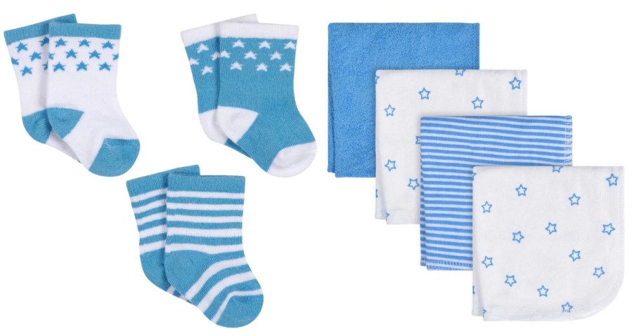 blue star and stripes baby socks and washcloths