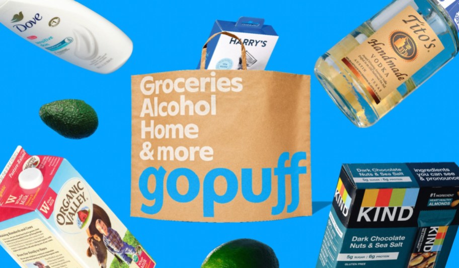 gopuff grocery bag surrounded by groceries 
