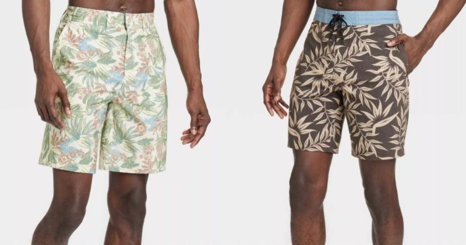 two men wearing tropical print swim trunks