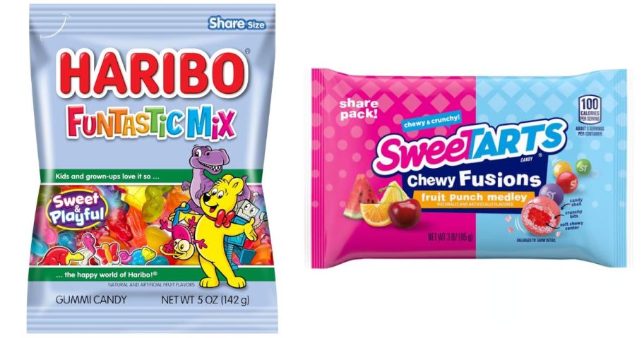 a bag of haribo funtastic gummies and a bag of sweetarts tropical fusions candies