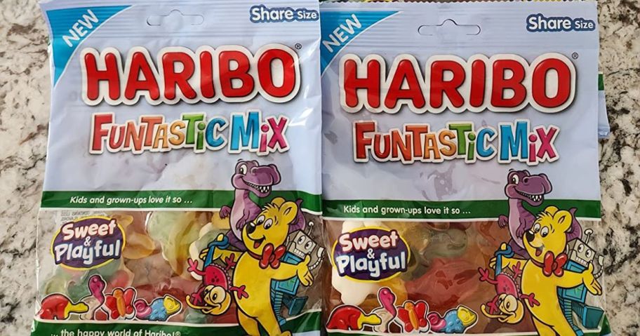 2 bags of haribo funtastic mix on a granite counter top