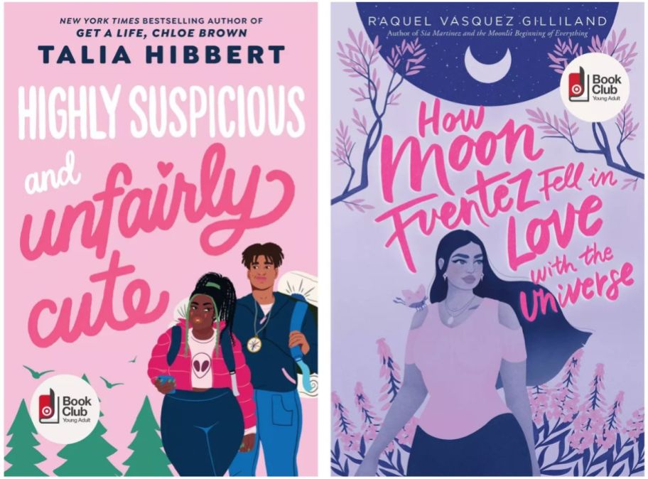 Two book covers Highly Suspicious and Unfairly Cute and How Moon Fuentez Fell in Love with the Universe