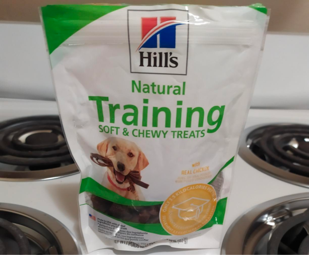 a bag of hills soft n chewy training treats sitting on a white electric stove top
