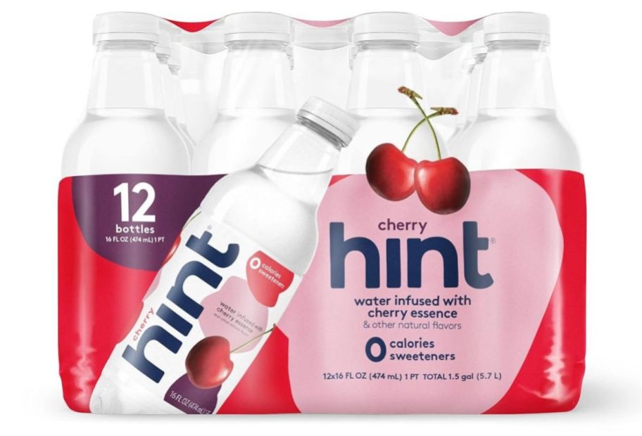 12 pack of hint cherry water on white background