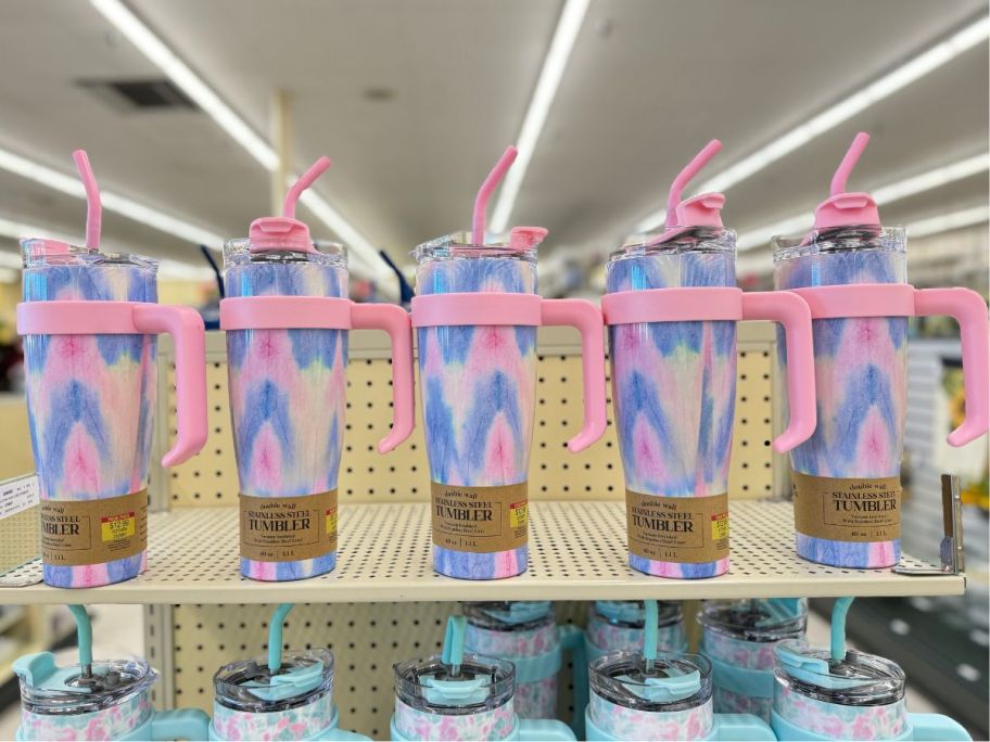 pink and blueish purple ikat design 40 oz stainless steel straw tumblers at Hobby Lobby