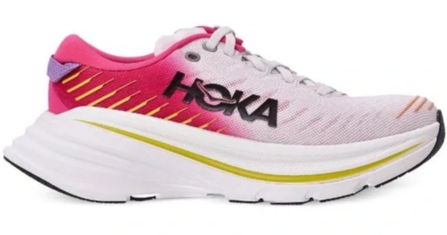 white, pink and yellow women's HOKA shoe