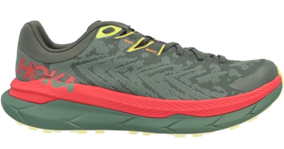 olive green, red and yellow HOKA shoe