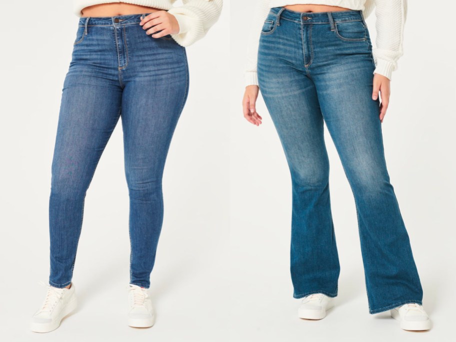 two women wearing blue jeans and white shoes