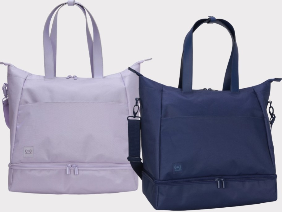 two large duffle tote bags, 1 in lavender and 1 in navy blue