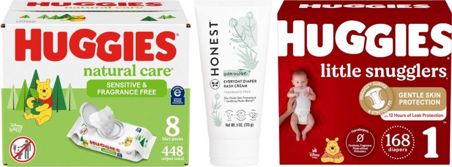 a box of huggies wipes, honest company diaper rash ointment and a box of huggies diapers
