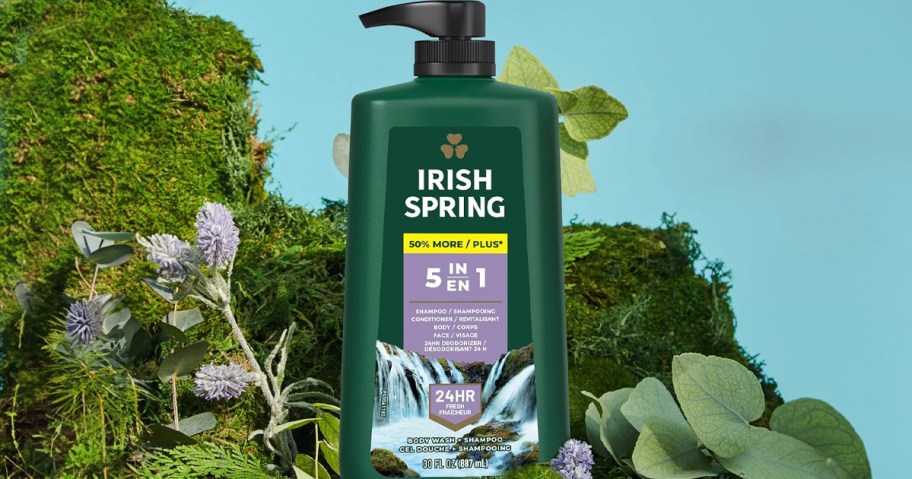 irish spring body wash sitting in grass 