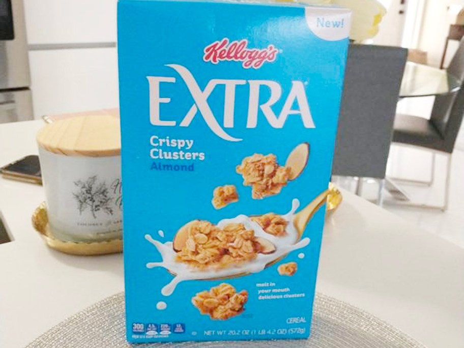 kellogg's extra crispy clusters cereal box on countertop