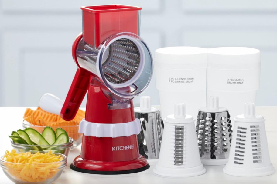 red grater with attachments