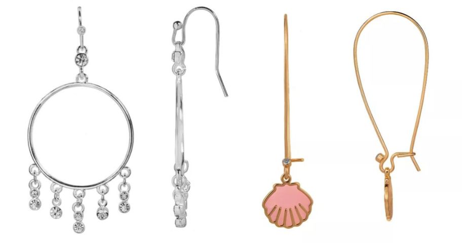 pair of silver drop earrings with clear stones and gold drop earrings with pink seashells