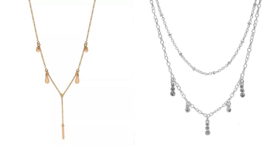 gold Y drop necklace and silver 2-layer drop necklace
