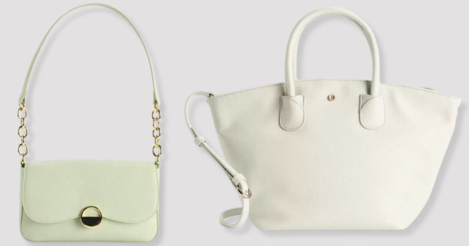 light green women's purse with gold chain strap and off white larger women's handbag 