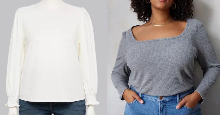 white long sleeve smocked top on mannequin and woman wearing a grey scoop neck top with jeans