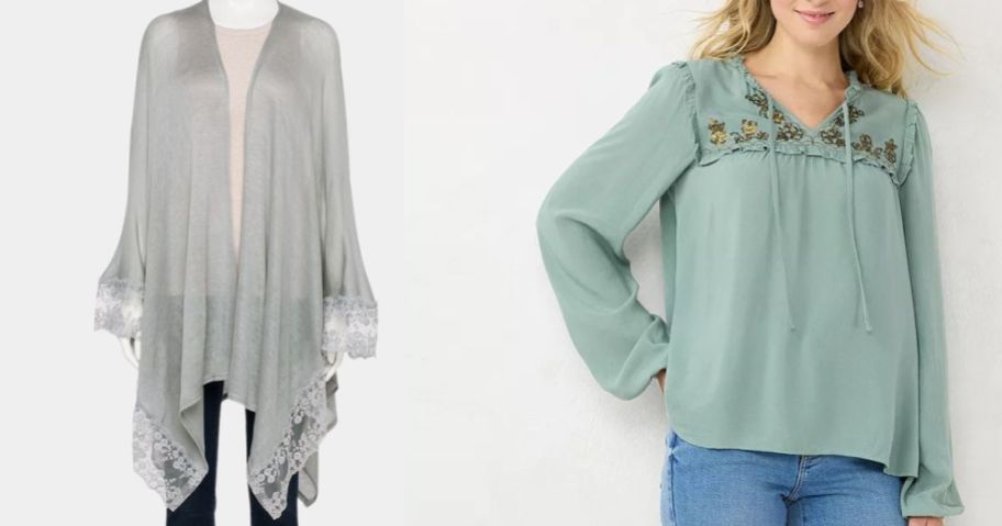 women's rauna sweater on mannequin and woman wearing a sage green smocked top with floral embroidery
