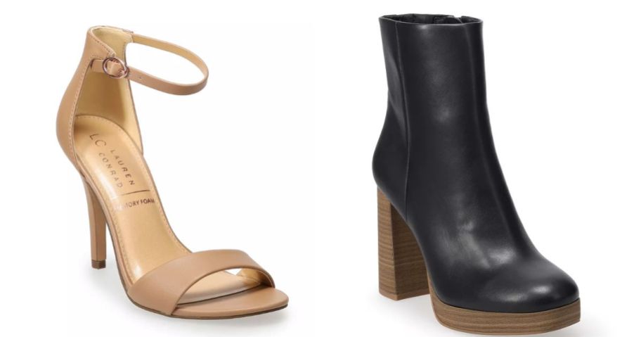 tan women's high heel strap shoe and black women's high heel boot
