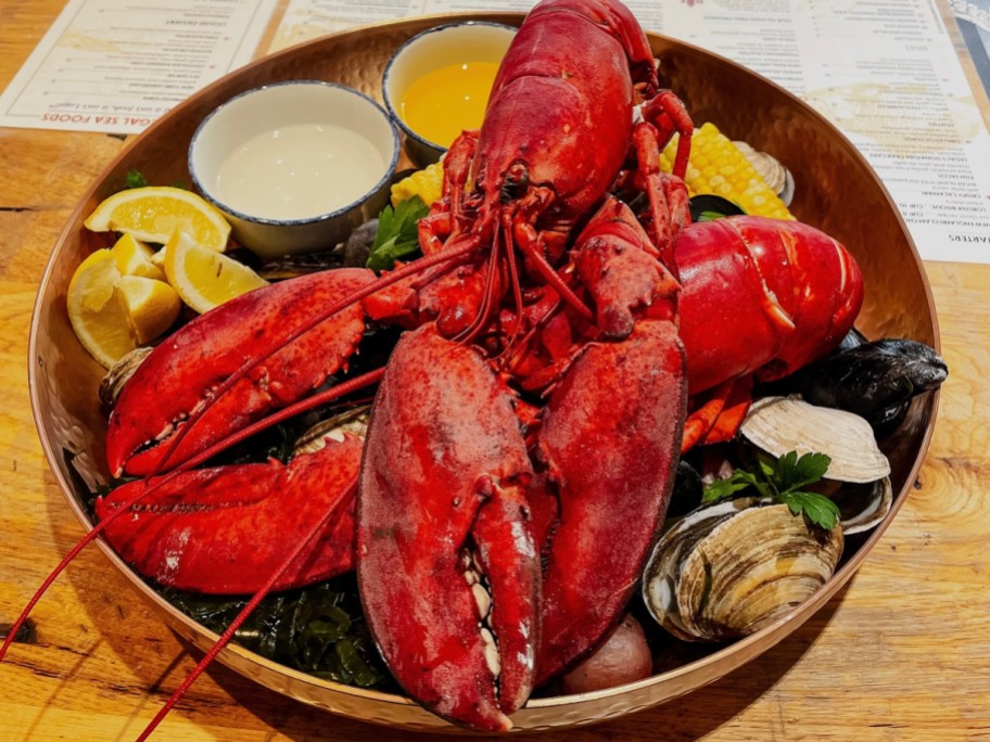 two lobsters on a plate with lemons and butter