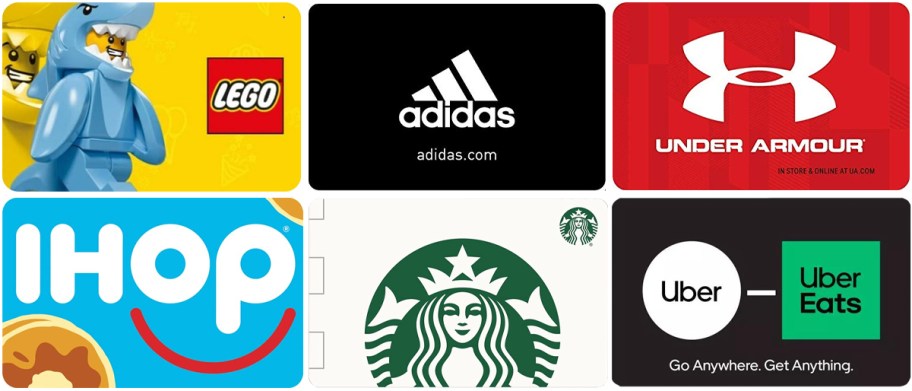 lego, adidas, under armour, ihop, starbucks, uber gift cards