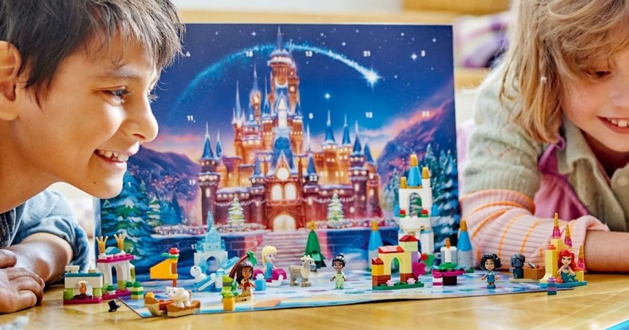 two kids with disney advent calendar 