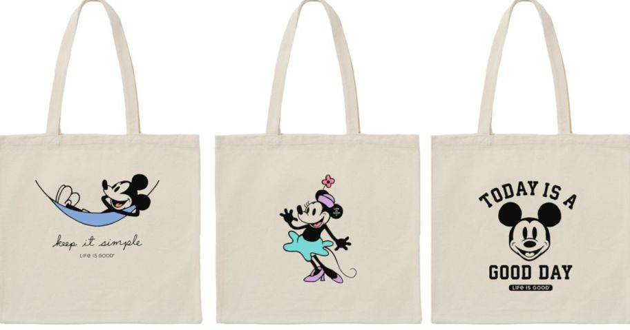 3 different life is good Disney Steamboat Willie canvas tote bags with Mickey and Minnie