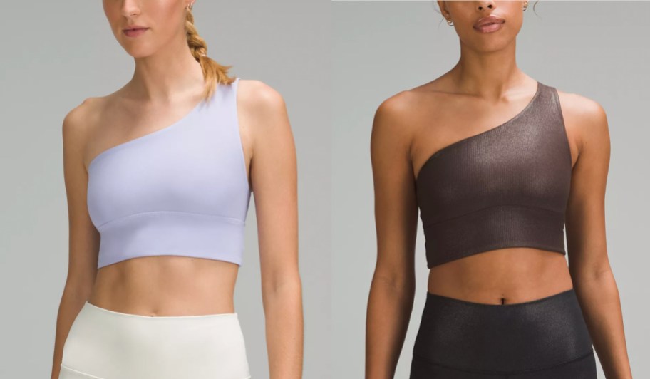 purple and brown off the shoulder sports bras