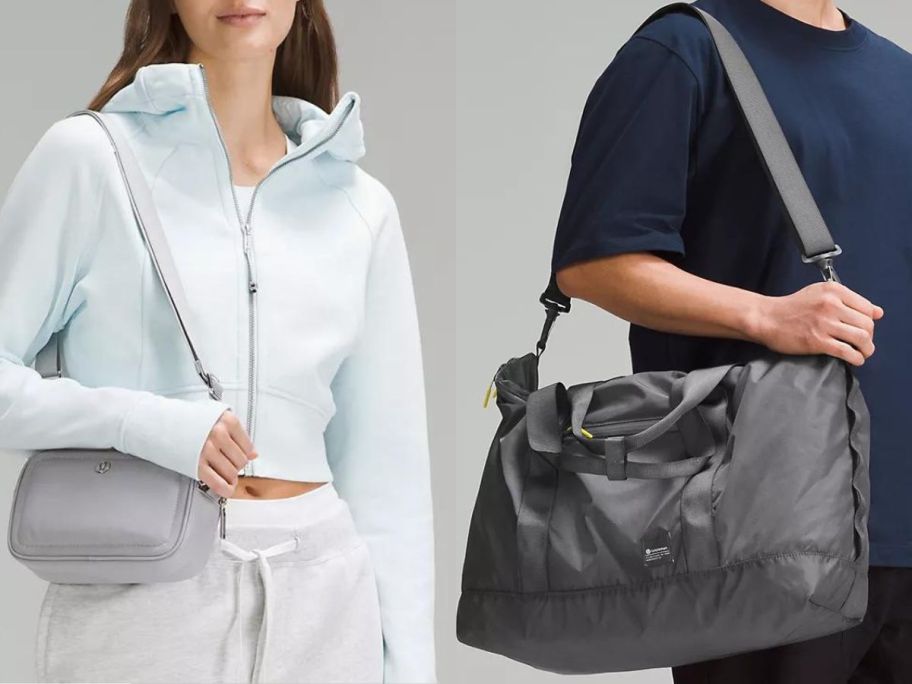 a woman wearing a lululemon camera crossbody bag and a man carrying a lululemon packable tote bag