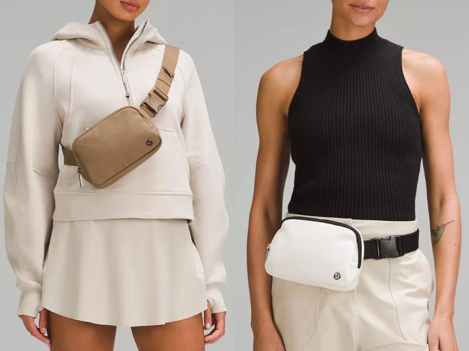 2 women wearing canvas lululemon belt bags