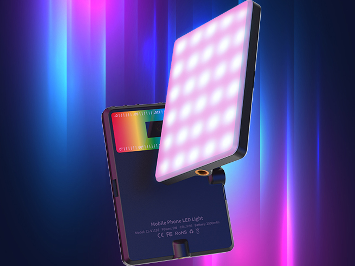 front and back image of selfie light with purple lights 