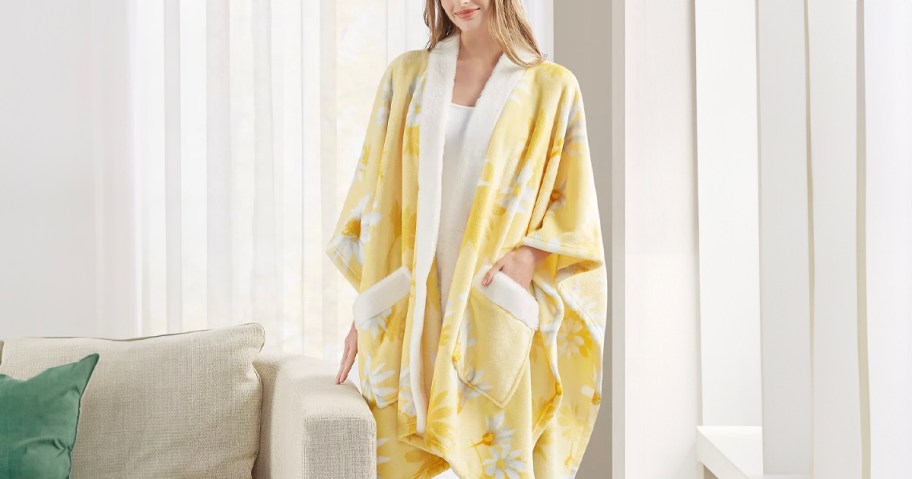woman wearing yellow and white floral cozy plush 