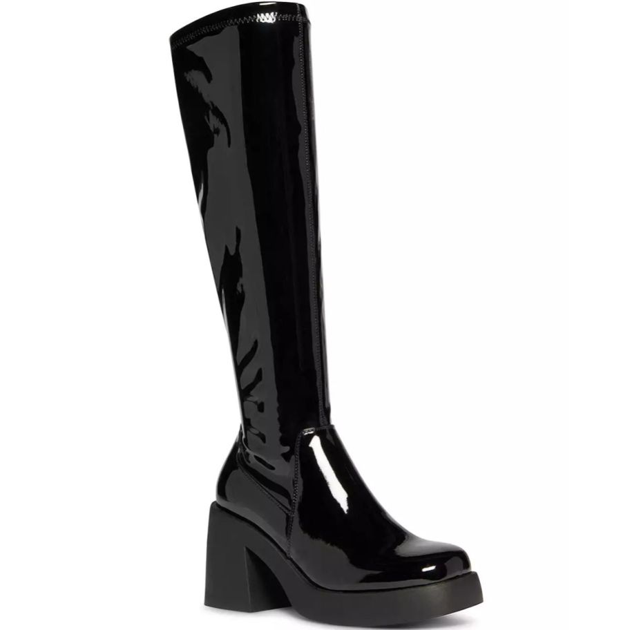 a black vinyl platform knee boot