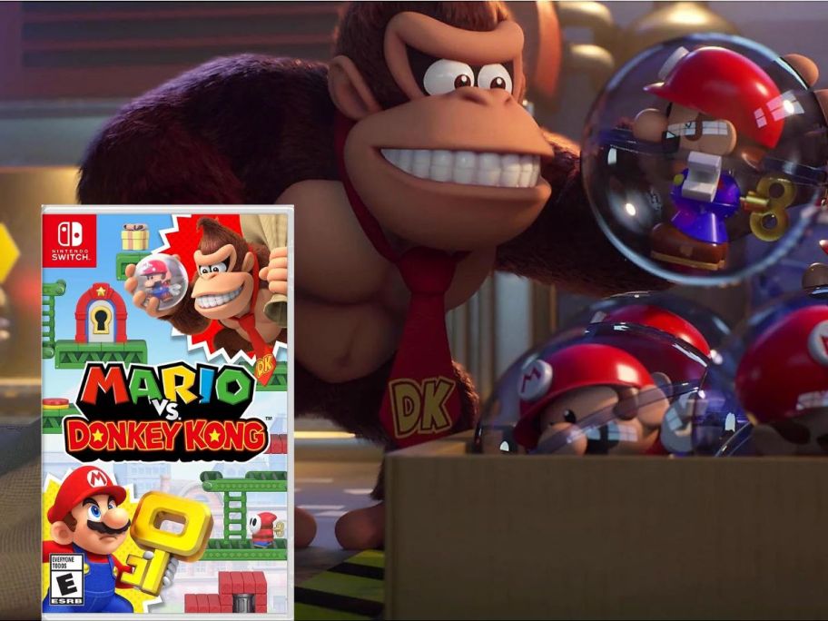 A scene from the Mario vs Donkey Kong Video Game with a picture of the Nintendo Switch game on the left side