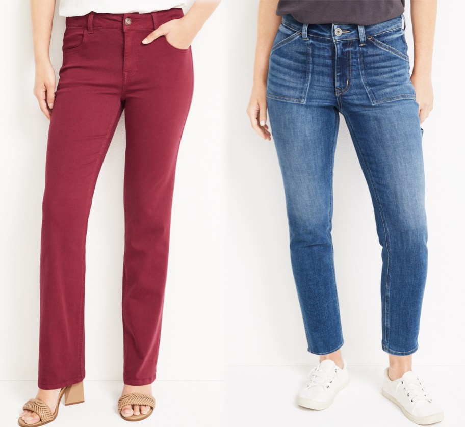 woman in red jeans and woman in denim capris