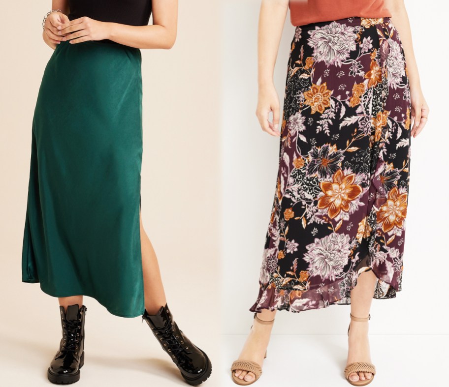 women in green satin and floral print maxi skirts