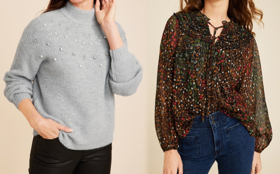women in grey sweater and black floral print top