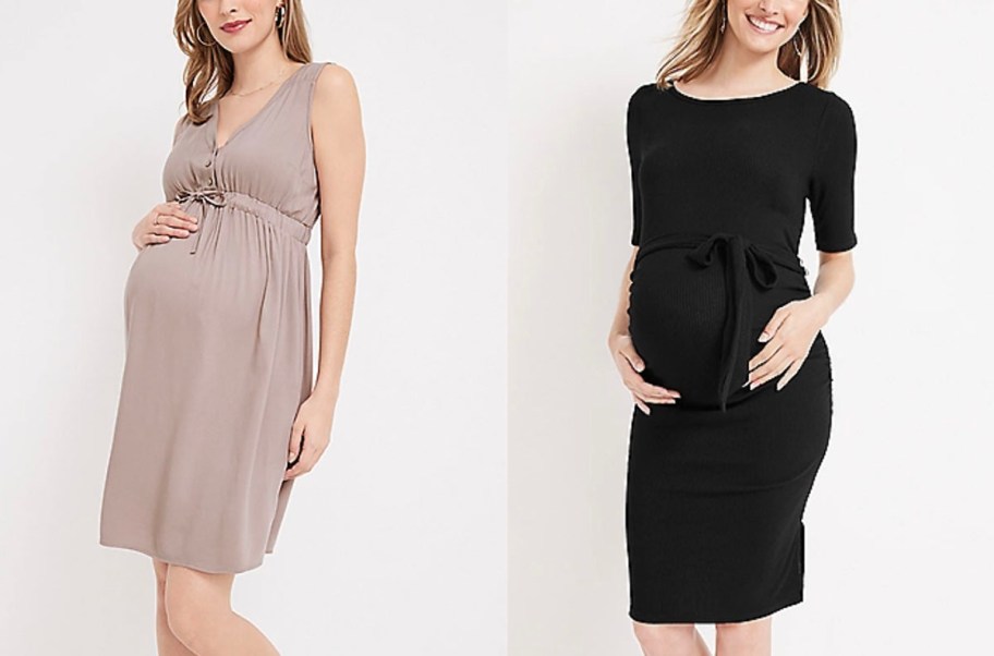 two women wearing beige and black womens maternity dressses