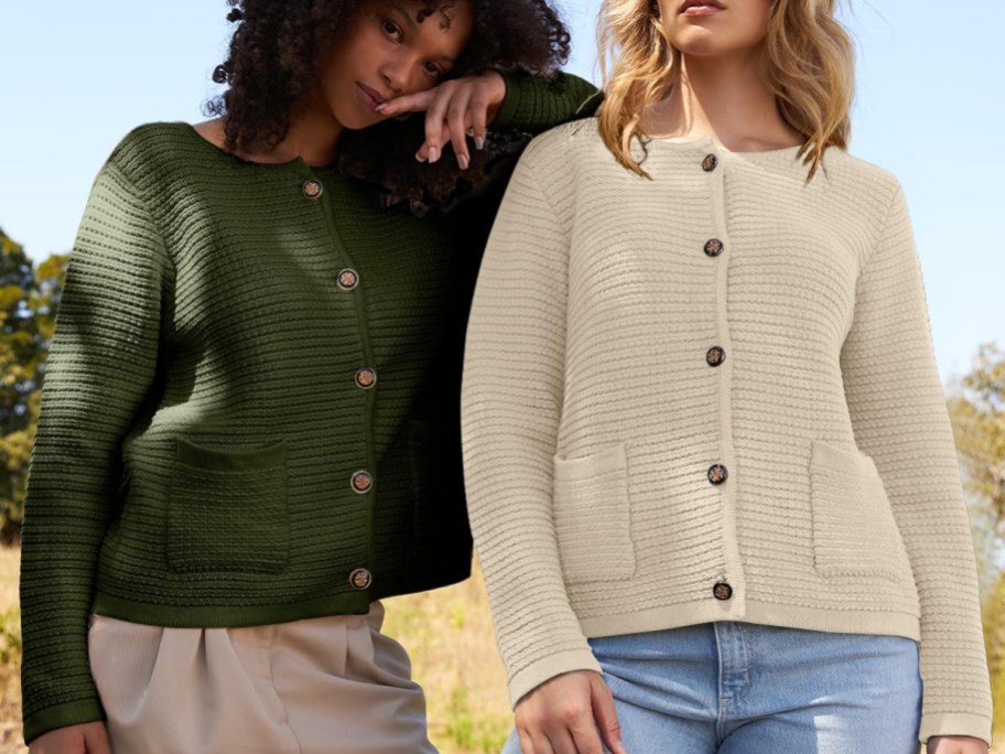 two women wearing cardigan sweaters