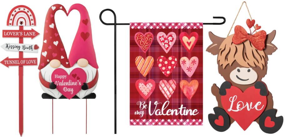 Valentine's decorations include a signpost with words like "Lover's Lane," gnomes holding a heart, a heart flag with "Be my Valentine," and a cow holding a heart with "Love."