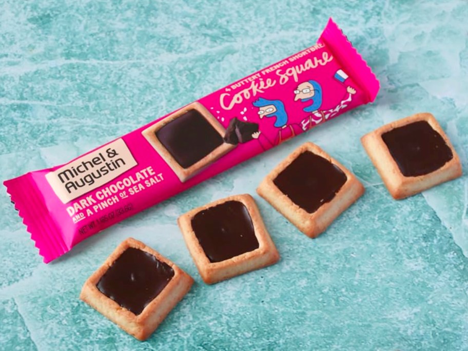 michel augustin cookie bar in package with 4 cookie squares next to it