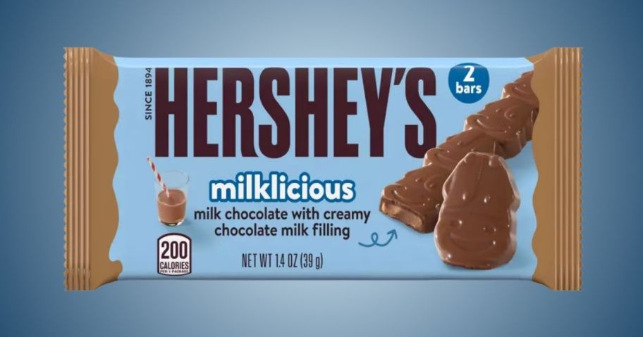 hershey's milklicious bar on blue background