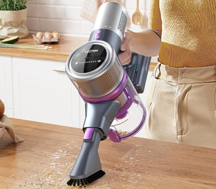 person cleaning with handheld vacuum